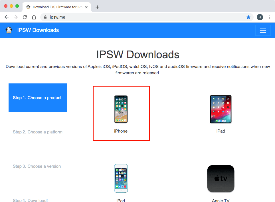 IPSW Downloads Apple端末選択画面