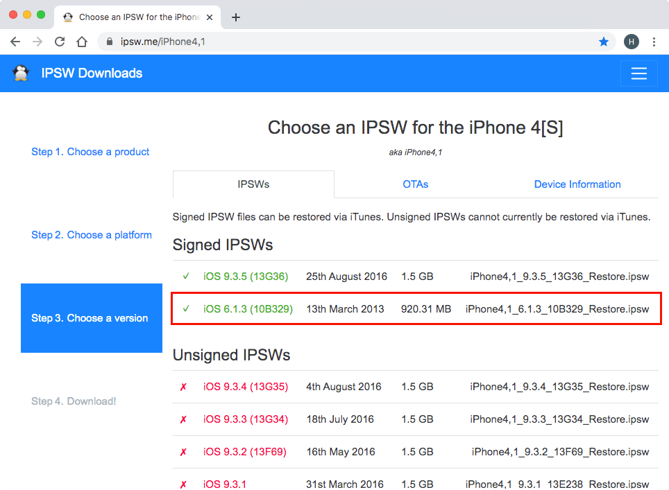 IPSW Downloads iOS選択画面