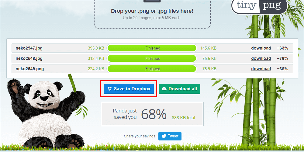 TinyPNG 圧縮完了画　Save to Dropboxボタン