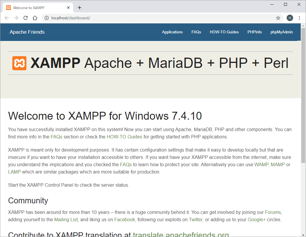 ブラウザ Welcome to XAMPPページ