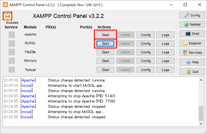 XAMPP コントロールパネル ApacheとMySQL Startボタン