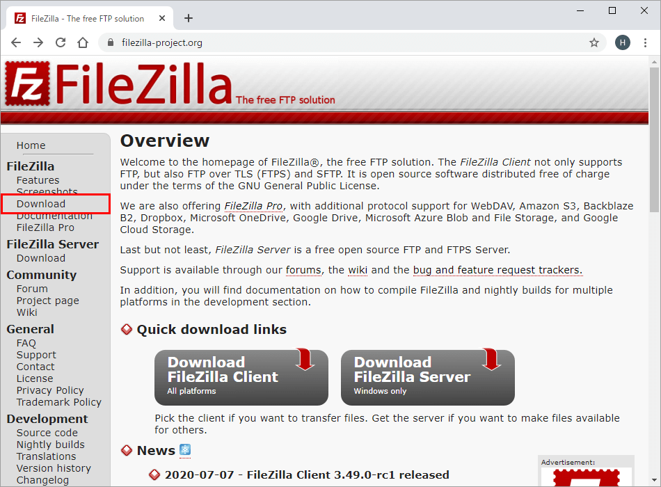 FileZilla公式サイト