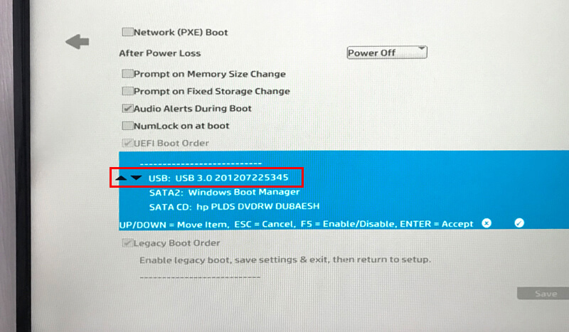 HP EliteDesk 800 G2 SFF BIOS Boot Order画面