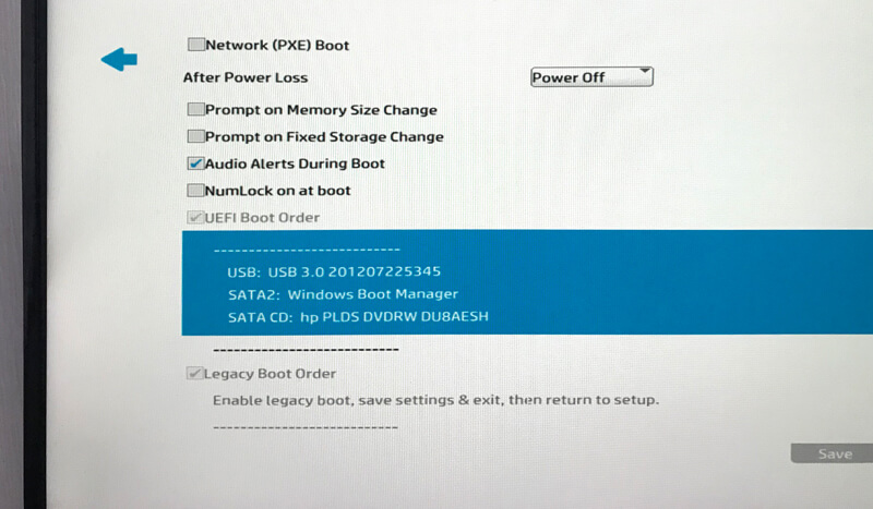 HP EliteDesk 800 G2 SFF BIOS Boot Option画面