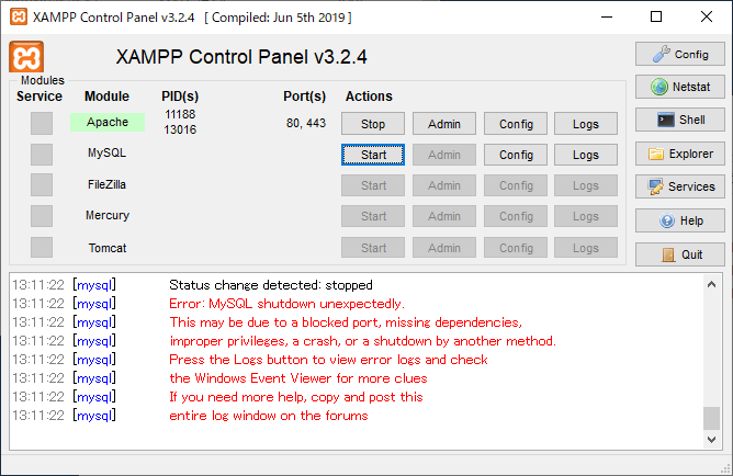 XAMPPのMySQL起動エラーからの復旧