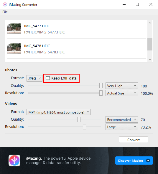 iMazing Converter keep exif dataの保持