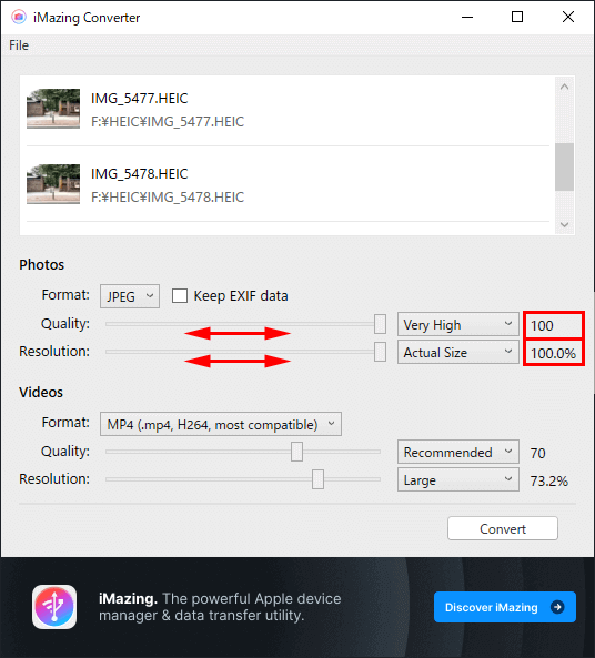 iMazing Converter 画質と画像サイズの選択