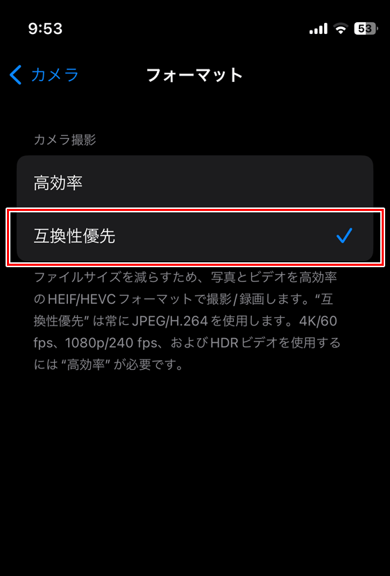 iPhone カメラ フォーマット